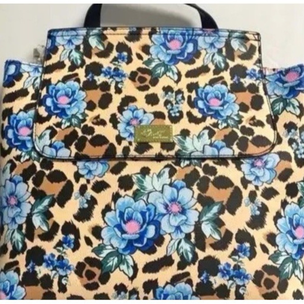 Luv Betsey by Betsey Johnson "Zooey" Ocelot Blue Flowers Flap Backpack - Picture 2 of 12